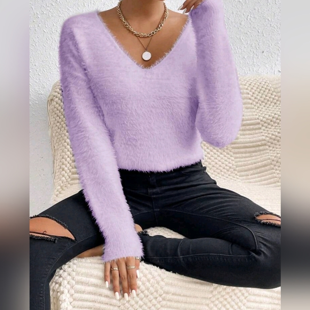 New Luxe Fluffy Knit V Neck Sweater Top Lilac Lavender